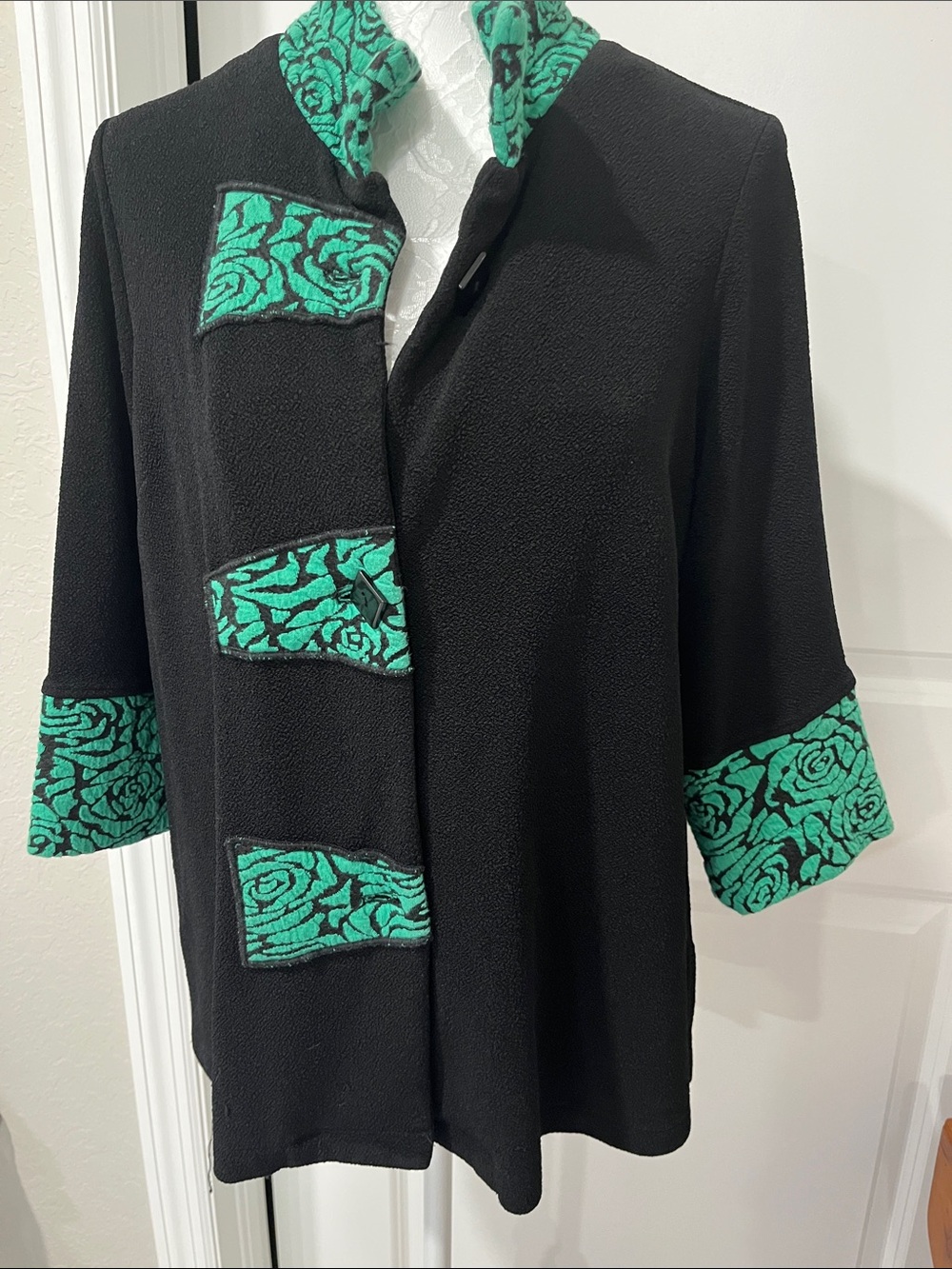 Ali Miles Black Jacket with Emerald Rose Accent